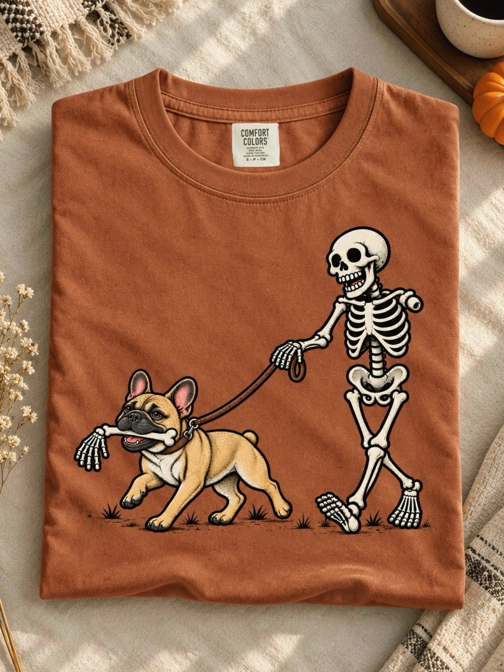 Comfort Colors French Bull Dog & Skeleton Graphic Tee, Funny Halloween Shirt